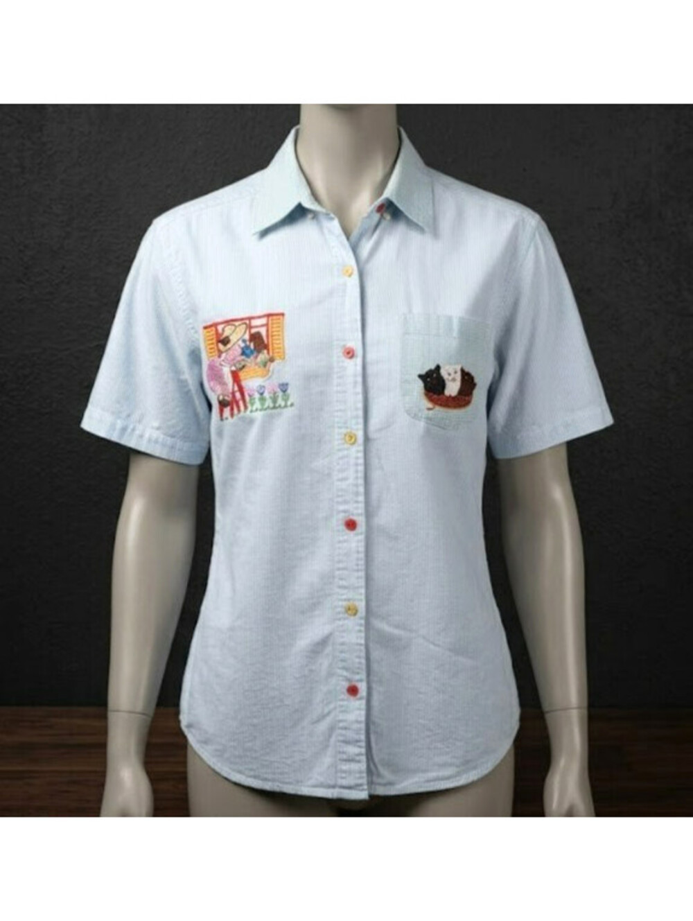Vintage Thats The Way To Go Button Down Shirt Sz M Blue Seersucker Gingham Cats